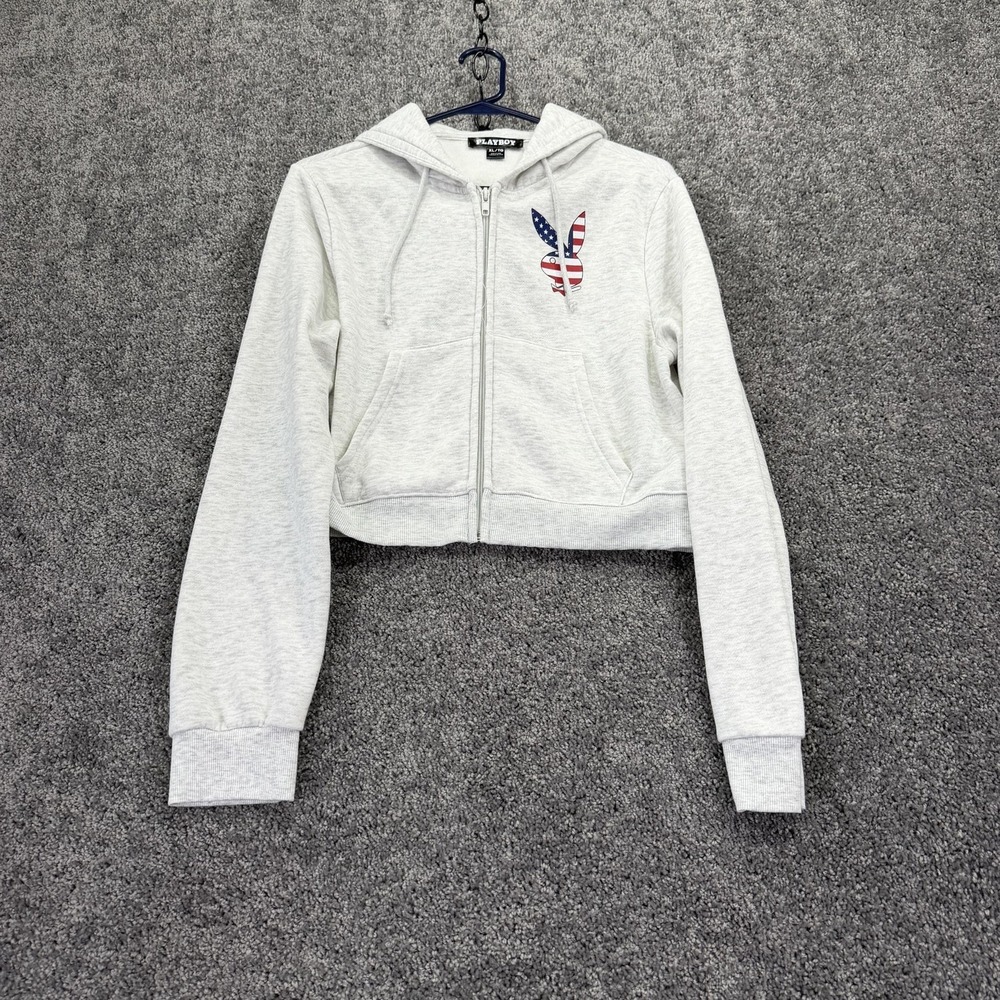 Playboy Hoodie Womens XL Gray Fleece Full Zip Cropped USA Flag Bunny Logo